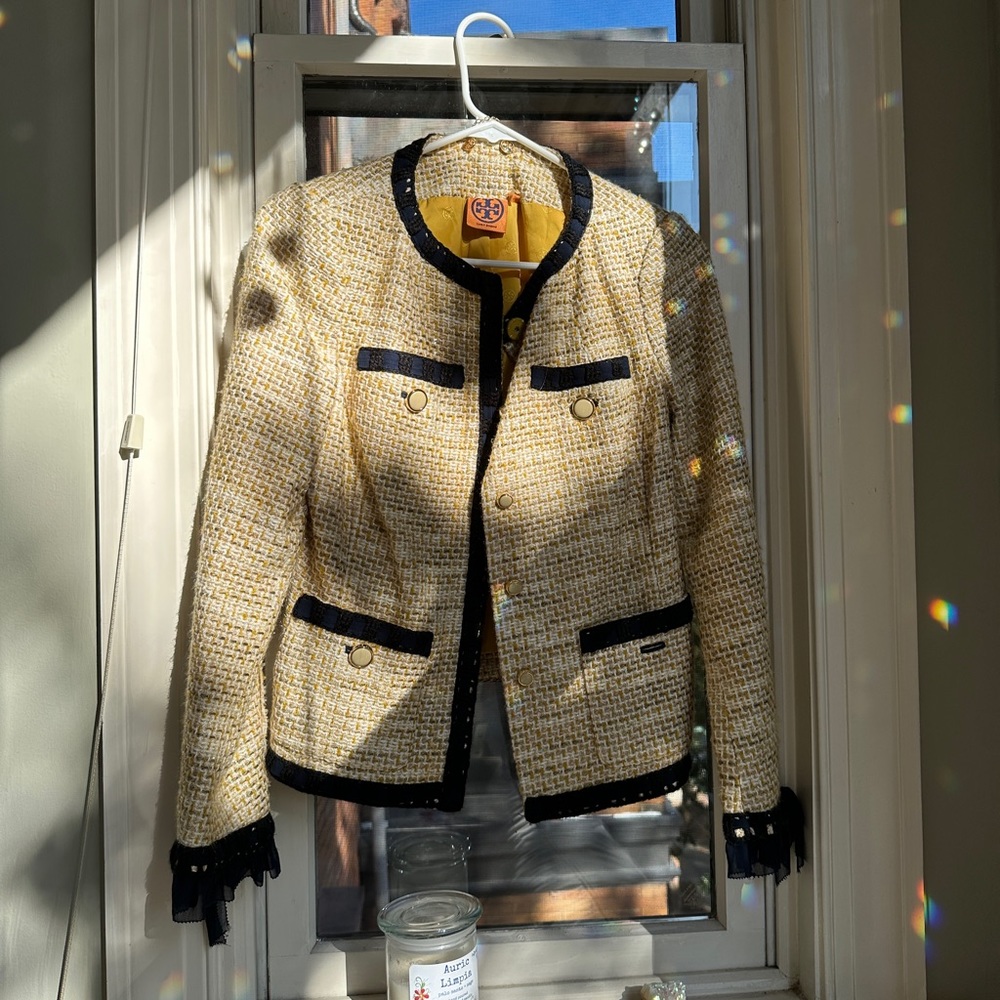Tory Burch Blazer Yellow & Navy with ruffle accents